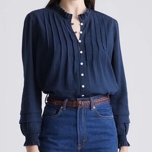 Quince Organic Textured Cotton Peasant Blouse Navy Blue‎ 100% Cotton Swiss Dot S